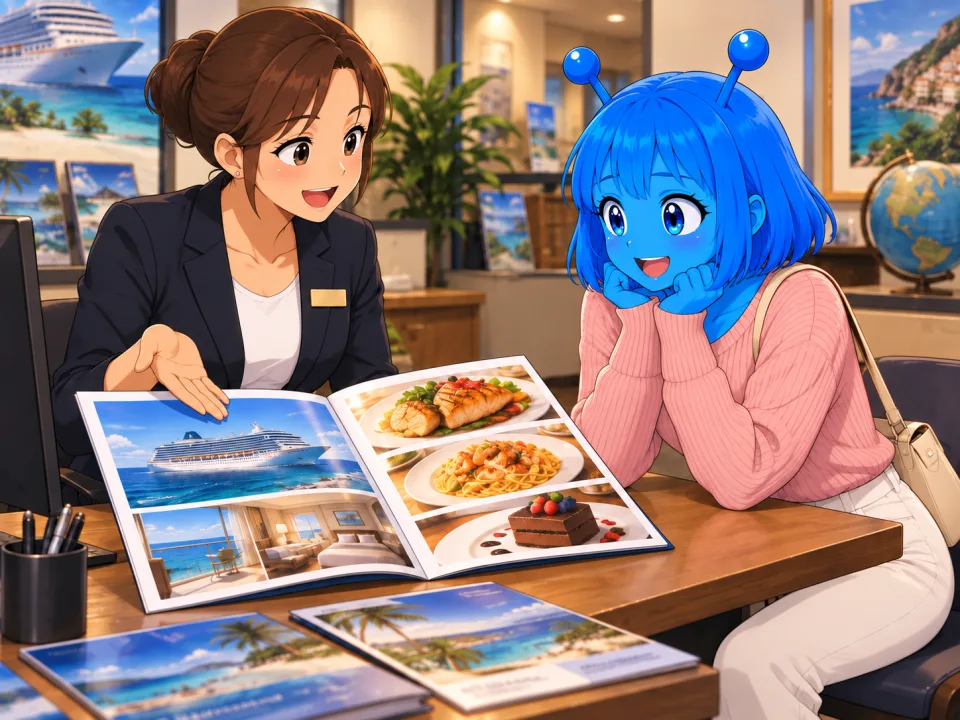 クルーズのパンフレットを前に相談するティナ。