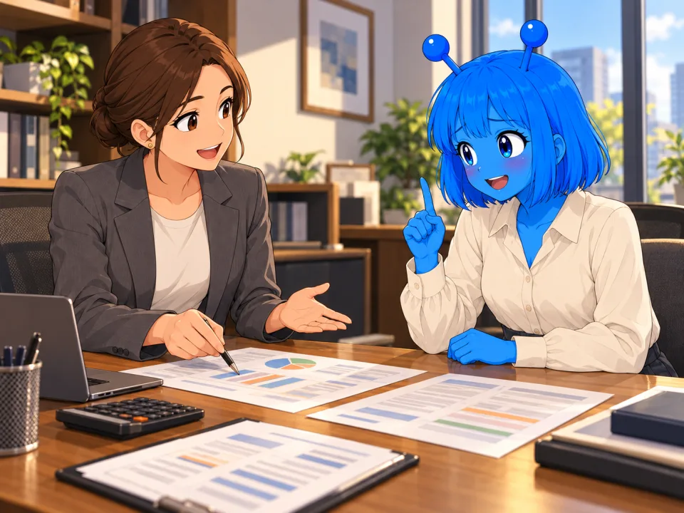 事務所で資金計画を相談するティナ。