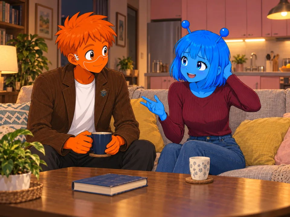 ソファで友人の話をするティナとフランク。