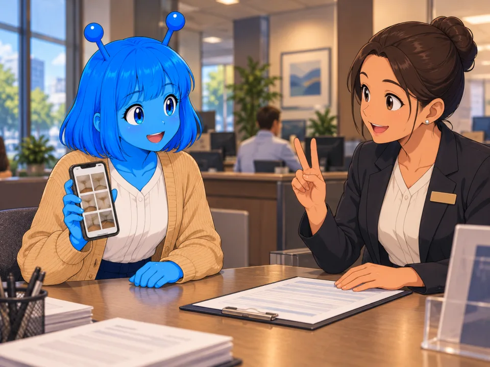 保険の窓口で携帯と書類を見せるティナ。