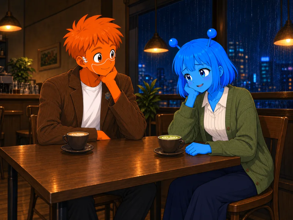 カフェで話す二人と、テーブルの花。