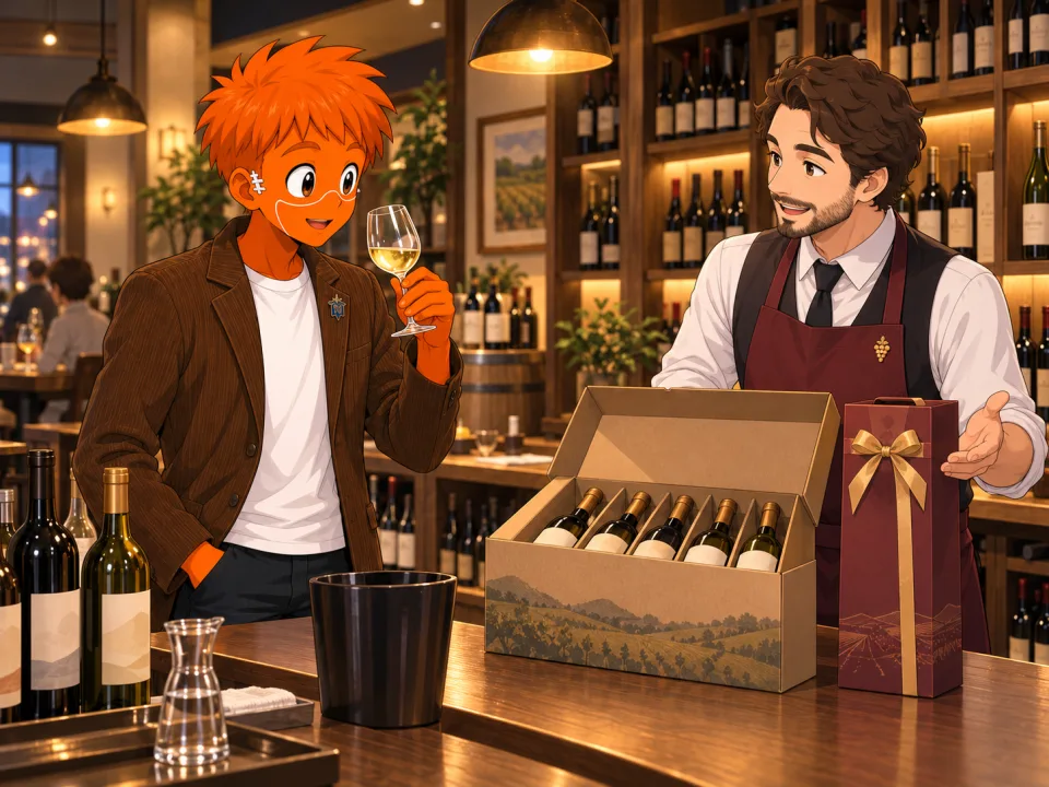 試飲会でワイングラスを持つフランク。