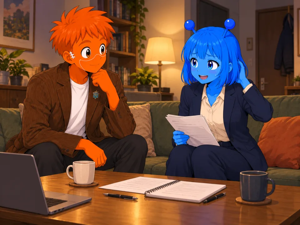 部屋で書類を前に話すフランクとティナ。