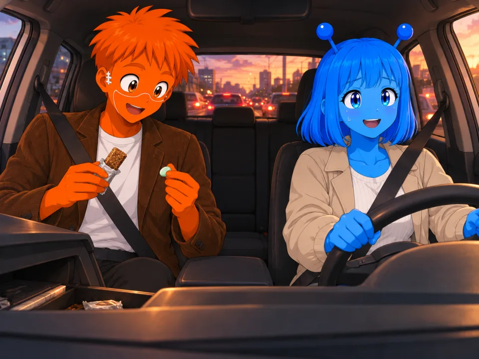 渋滞中の車で話すティナとフランク。