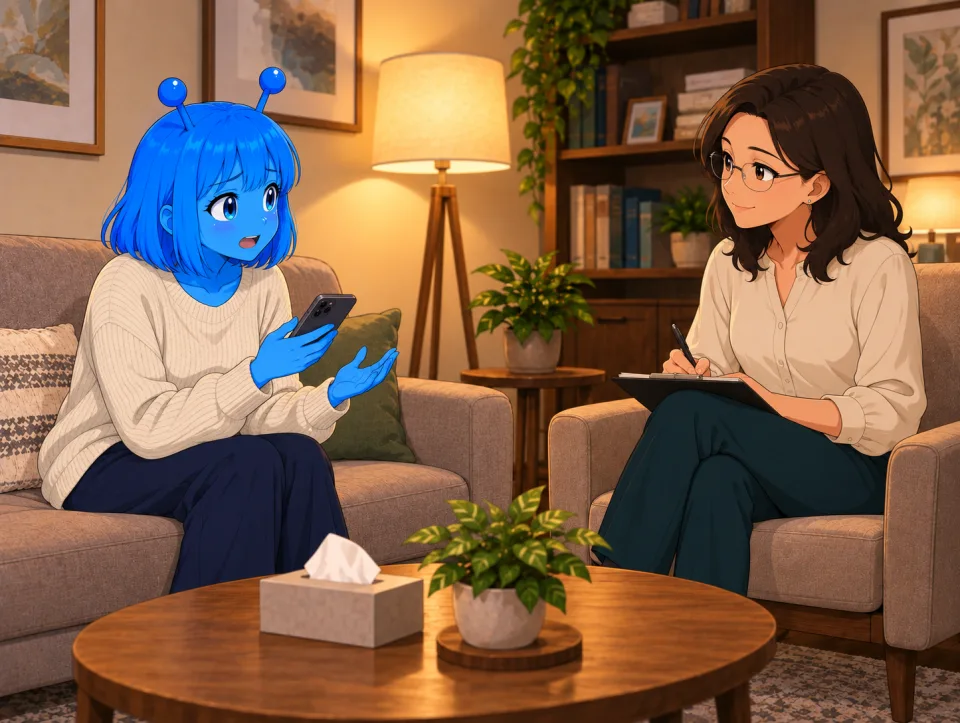 携帯を持ってカウンセラーと話すティナ。