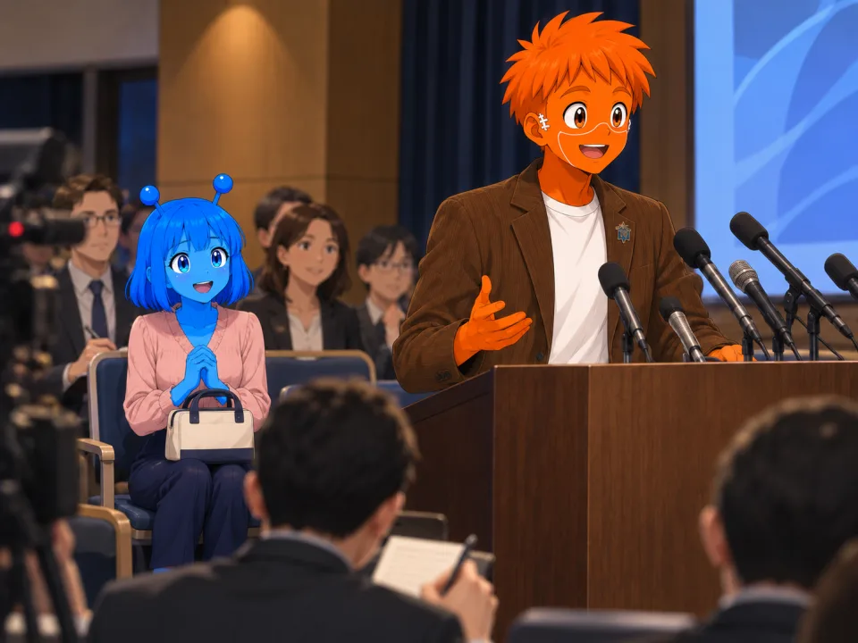 記者会見で話すフランクと、後ろのティナ。
