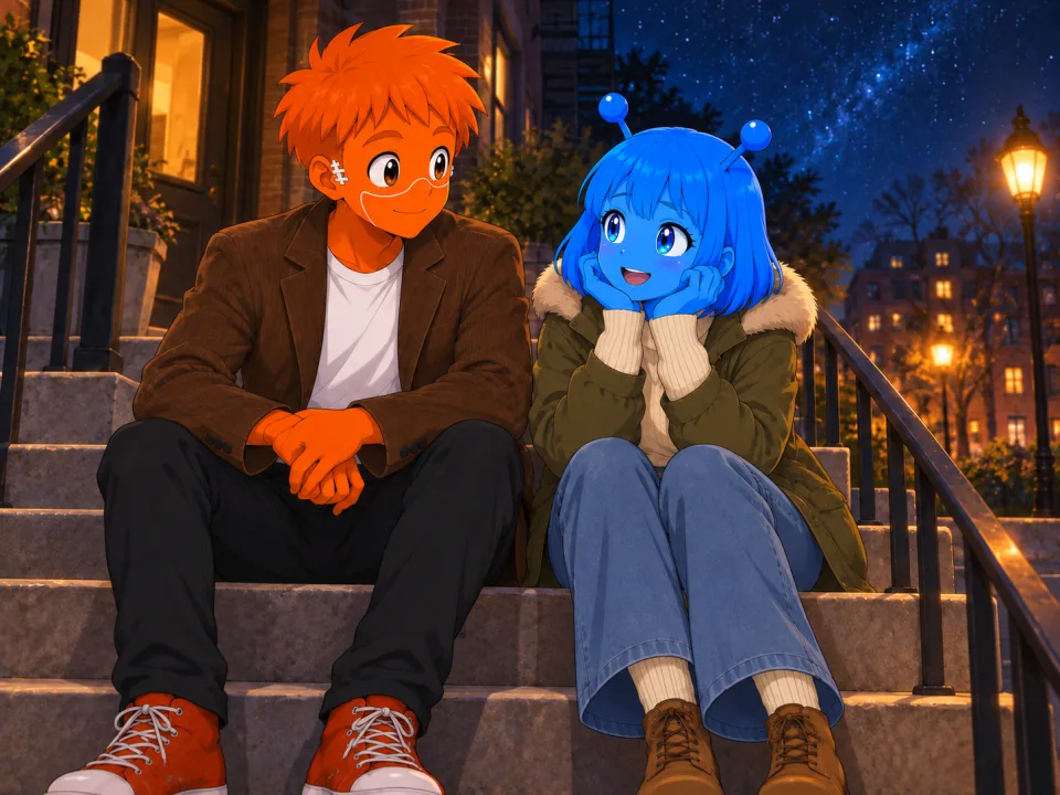 夜の階段に並んで座り、星を眺める二人。