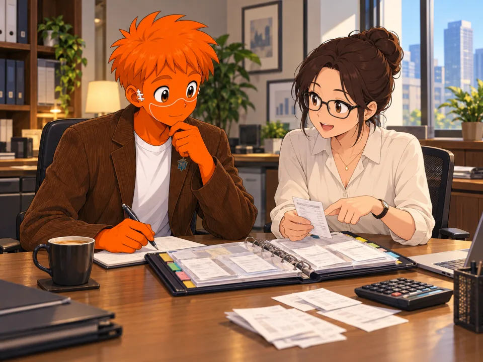 会計士と書類を確認するフランク。