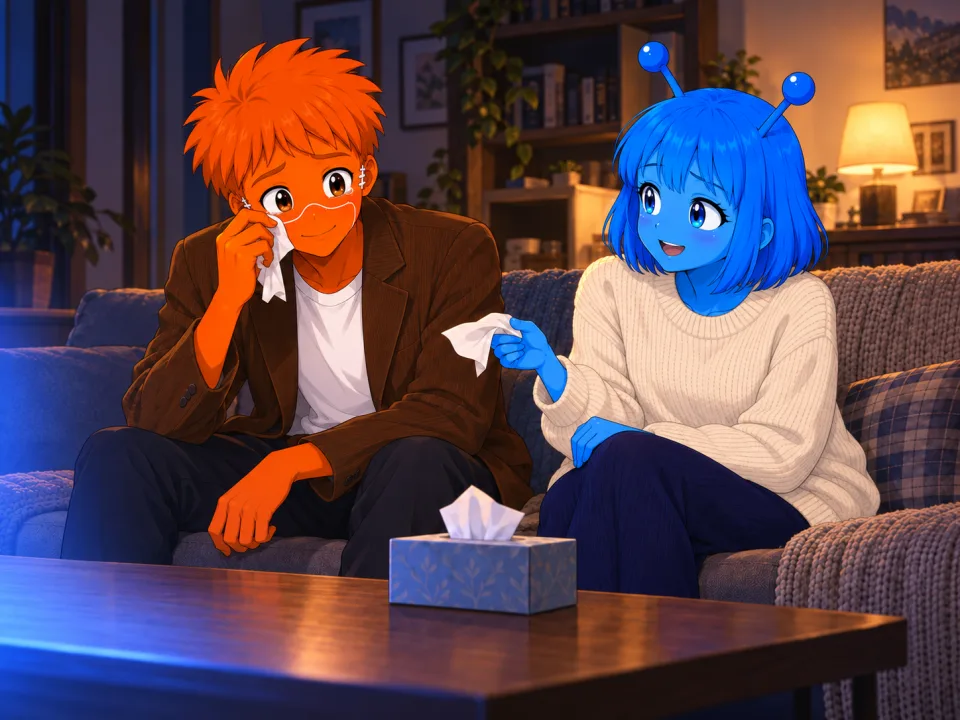 映画を見た後、ティッシュを手にする二人。