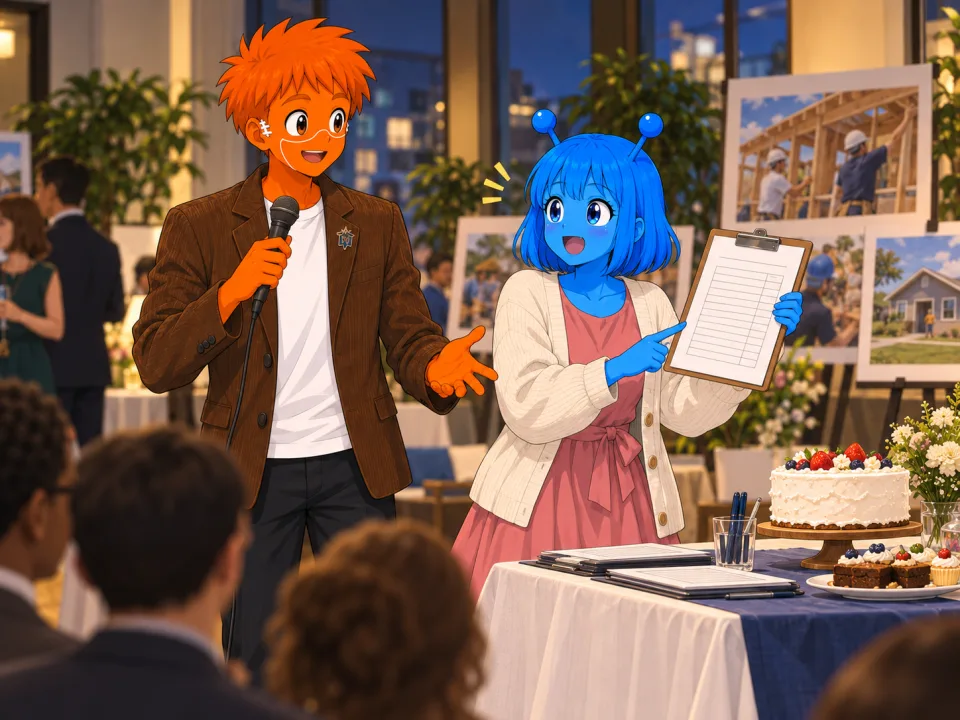 チャリティーイベントで参加者に話す二人。