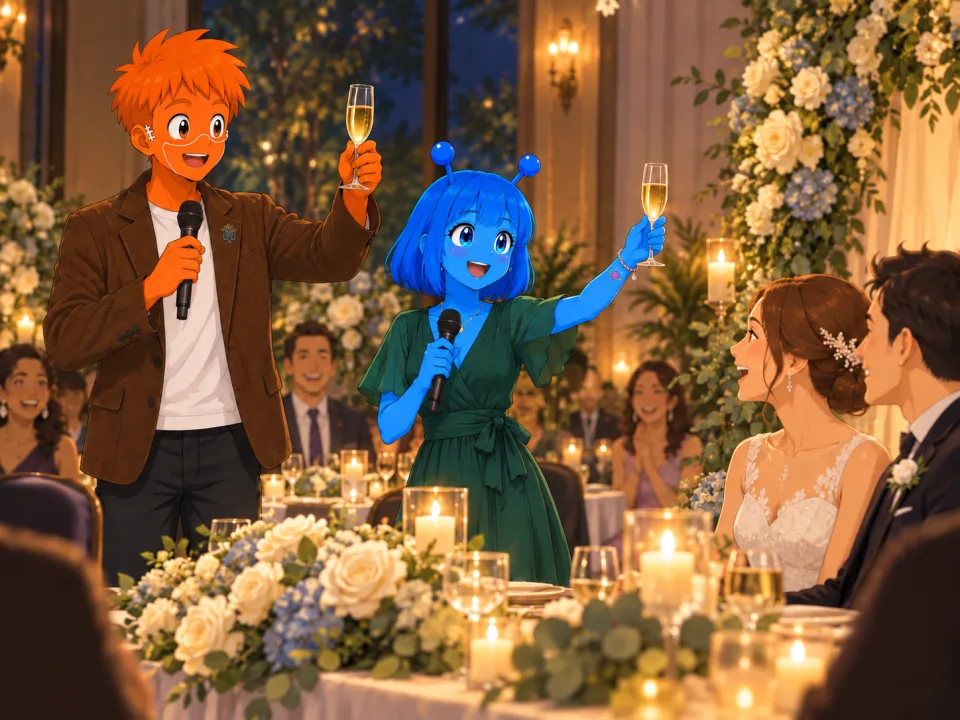 結婚披露宴でスピーチするフランクとティナ。