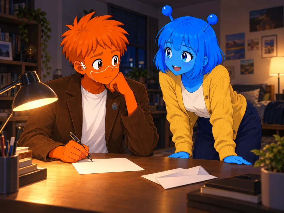 手紙を前に並んで座る二人。