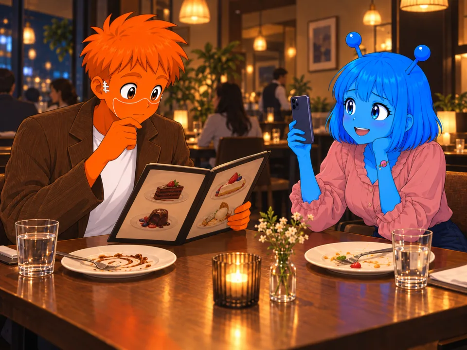 The friends talking over menus in a restaurant.