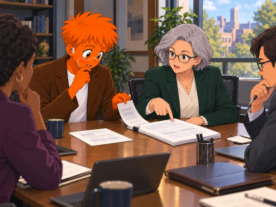 Frank and researchers reviewing papers at an ethics committee.