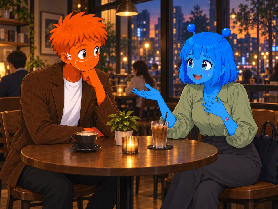 The friends talking in a cafe after work.