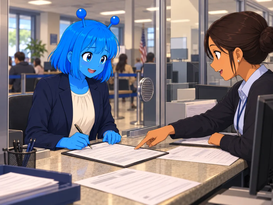 Tina reviewing documents at an immigration counter.