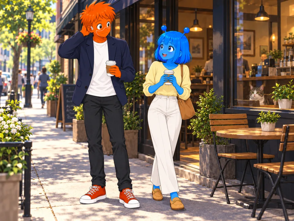 Frank wearing his navy jacket outside the cafe.