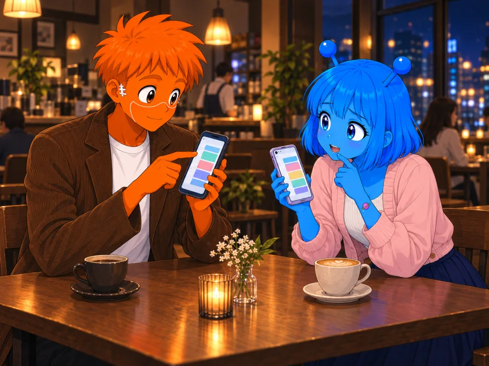 The friends looking at a calendar on a phone in a cafe.