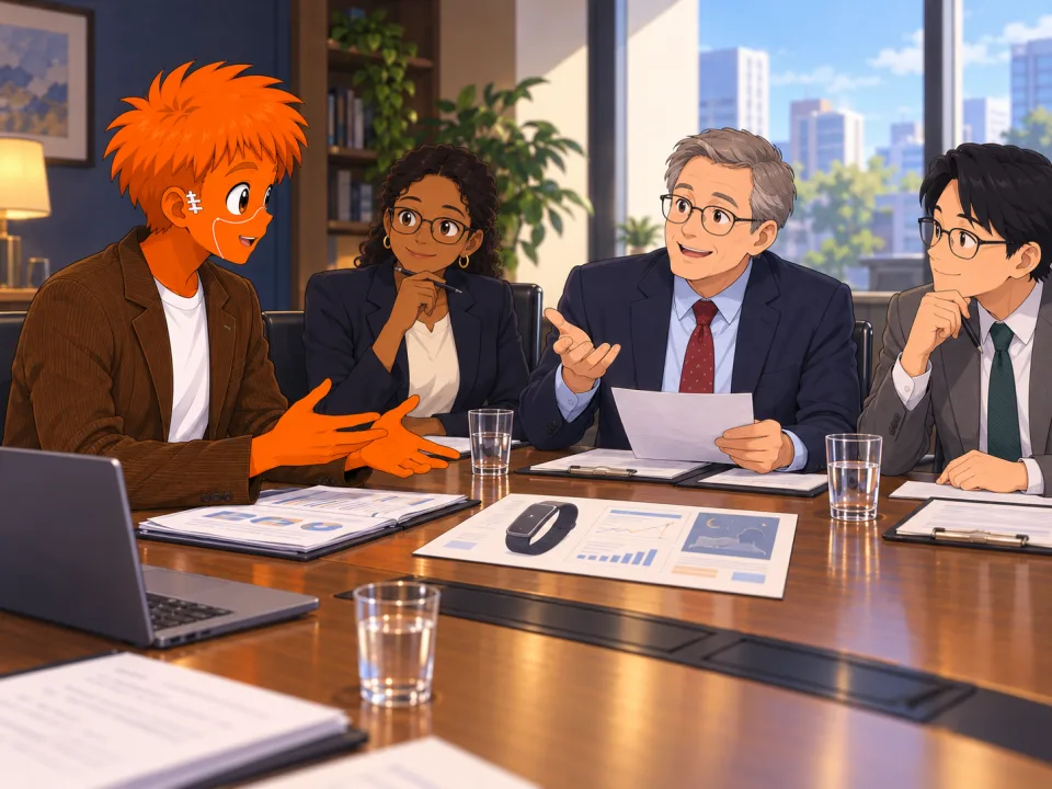 Frank reviewing documents with an interview panel.