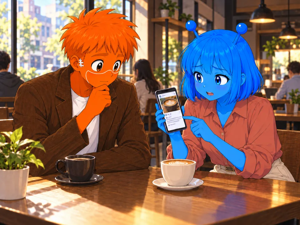 Tina showing a post on her phone in a cafe.