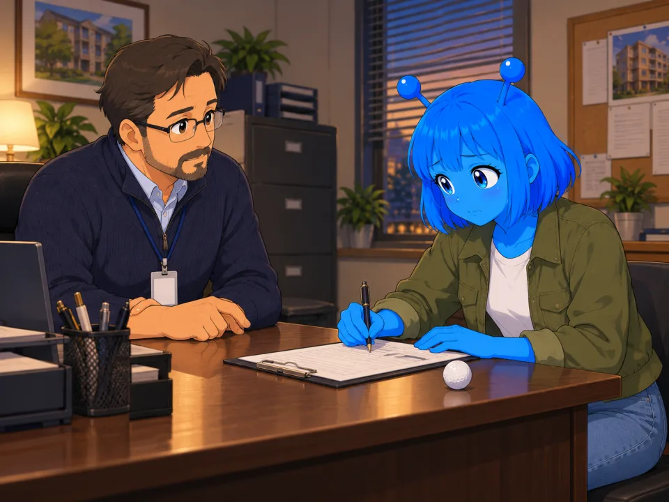 Tina reviewing documents with a building manager.