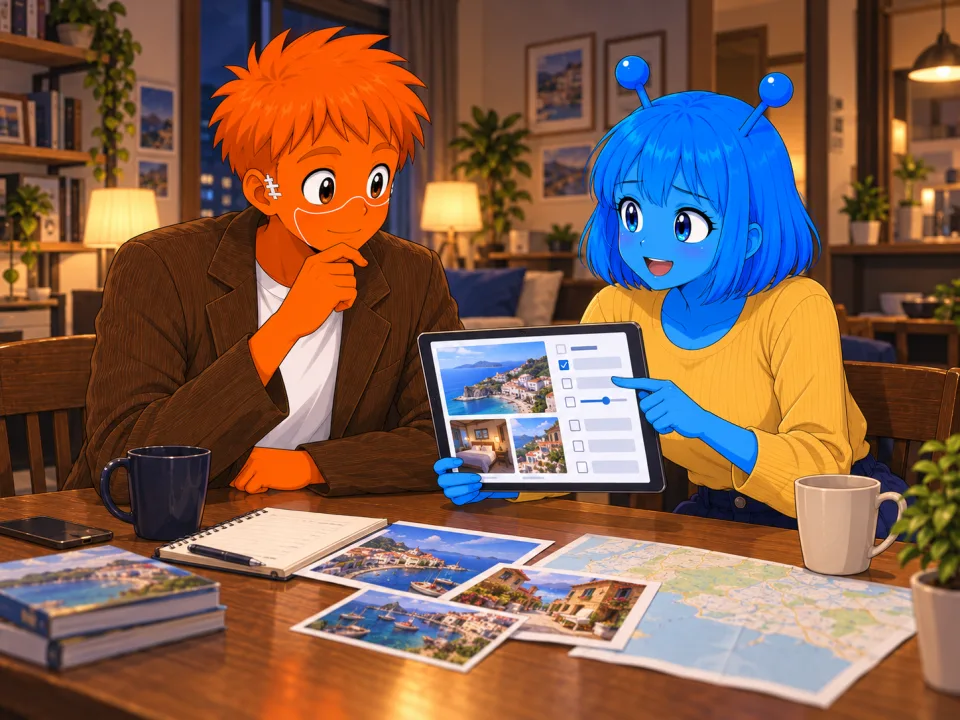 The friends looking at travel options on a screen.