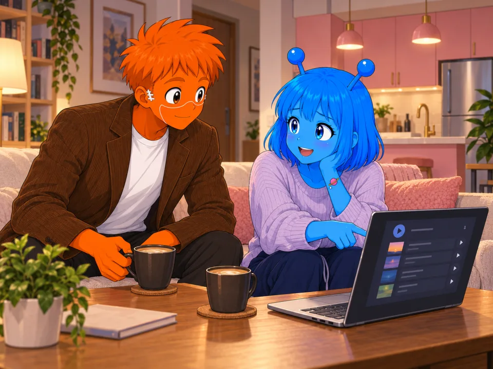 The friends discussing a playlist on a laptop.