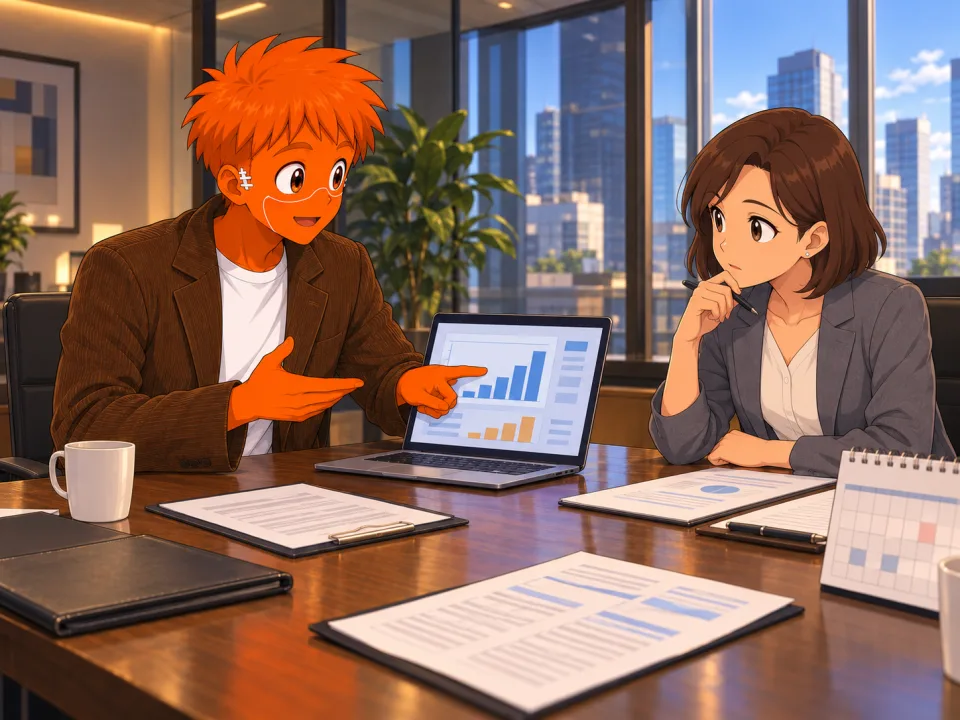 Frank reviewing a contract with a representative.