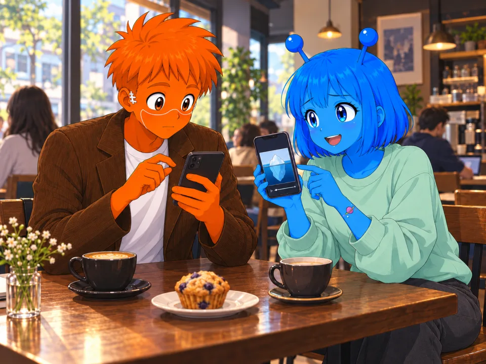 The friends watching a video on their phones in a cafe.