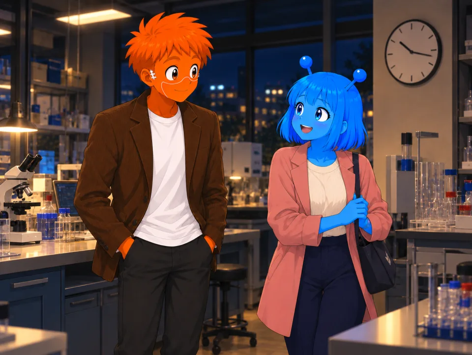 Frank and Tina standing in a laboratory at night.