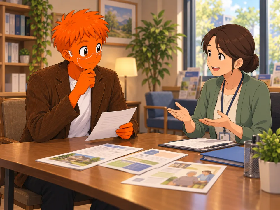 Frank discussing brochures with a care adviser.
