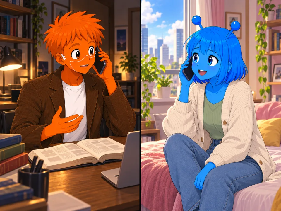 Frank and Tina talking on the phone from separate rooms.