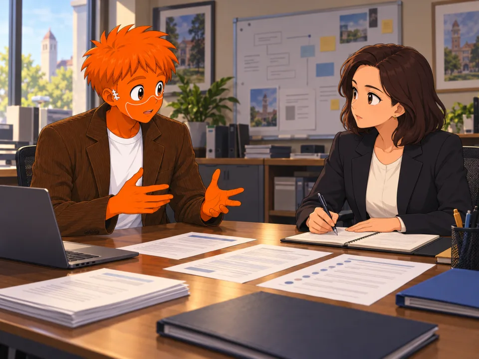 Frank reviewing a statement in a meeting room.