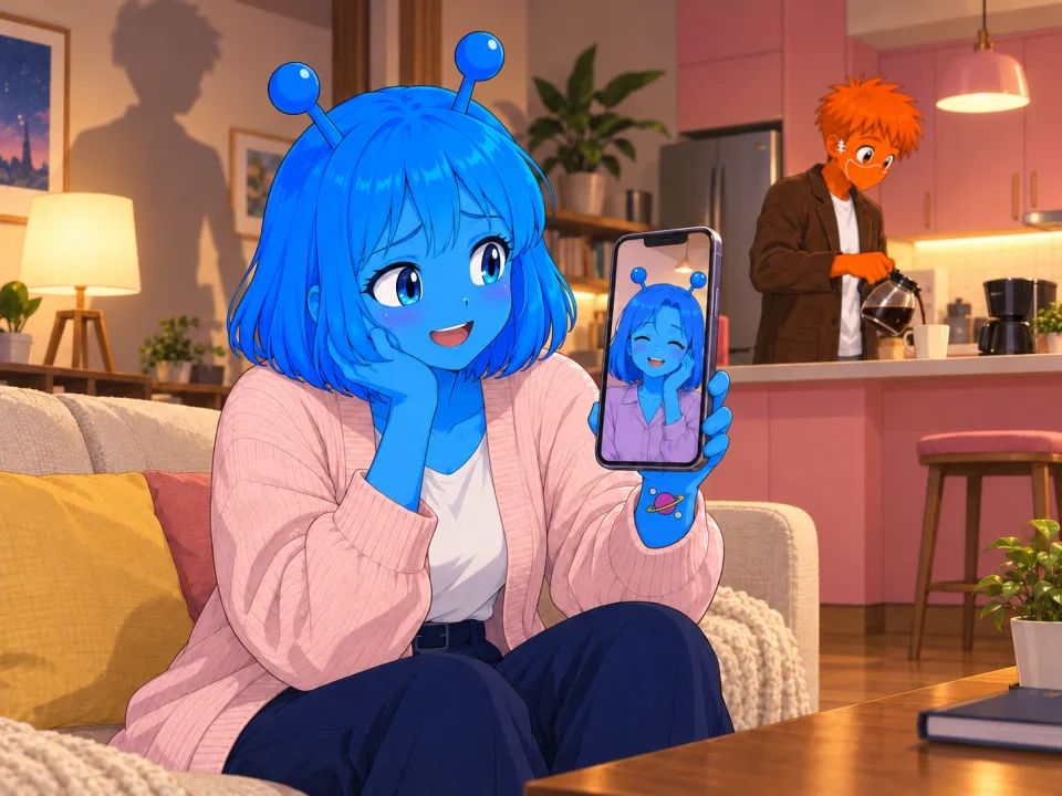 Tina video-calling her mother from the sofa.