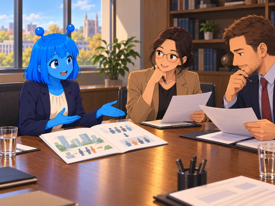 Tina discussing documents at a scholarship interview.