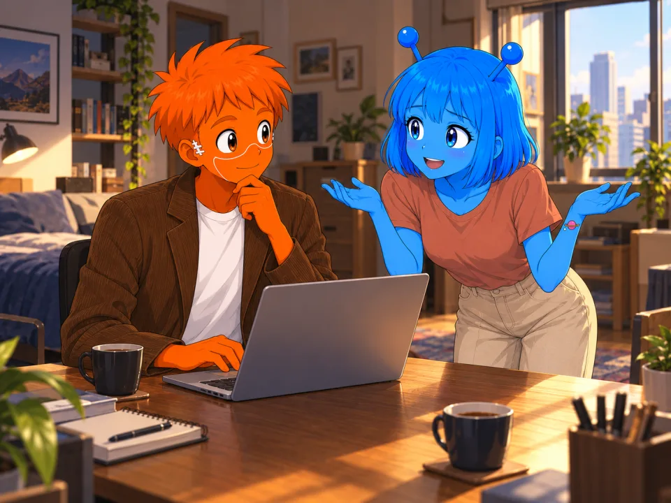 The friends talking with a laptop in front of them at home.