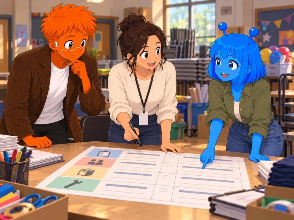 The friends planning a community event with a coordinator.