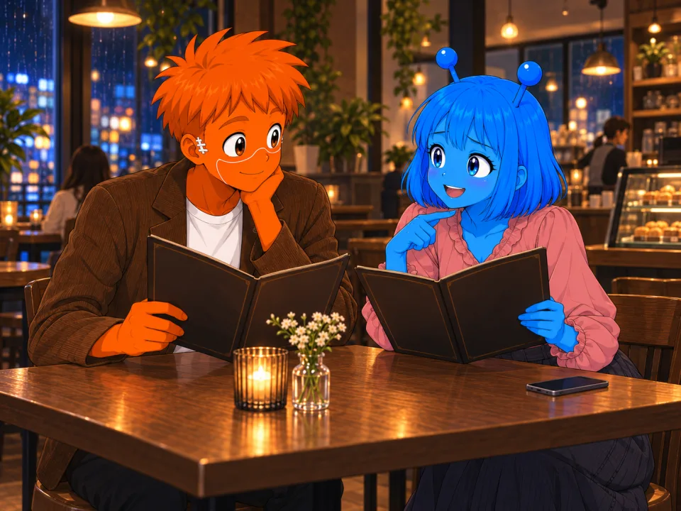 The friends talking over a planner in a cafe.