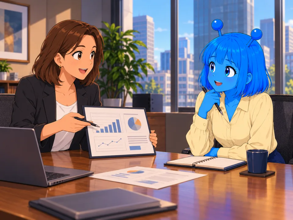 Tina and her manager discussing performance-review papers.