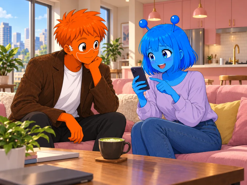 The friends discussing a phone on the sofa at home.