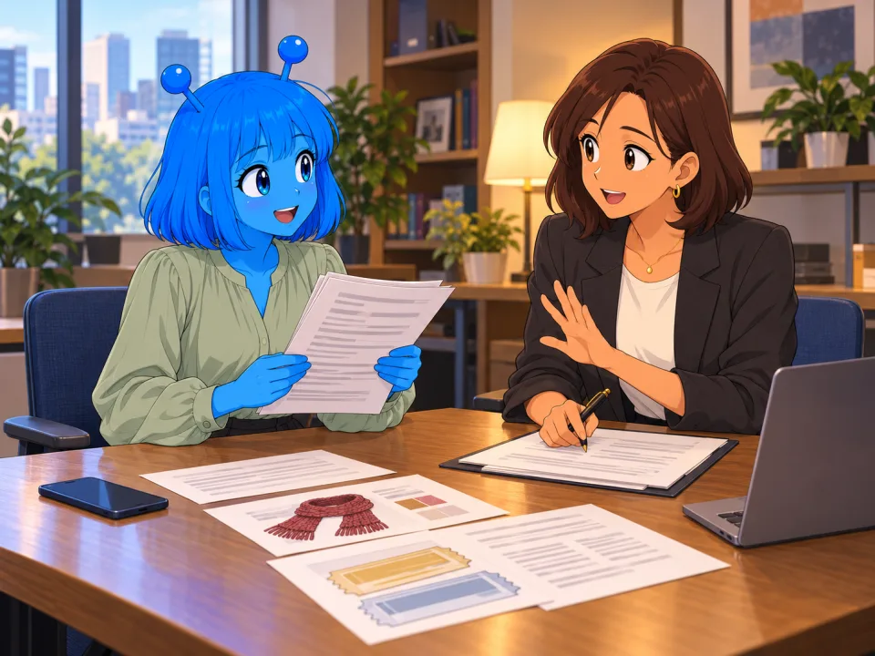 Tina reviewing a draft with a communications adviser.