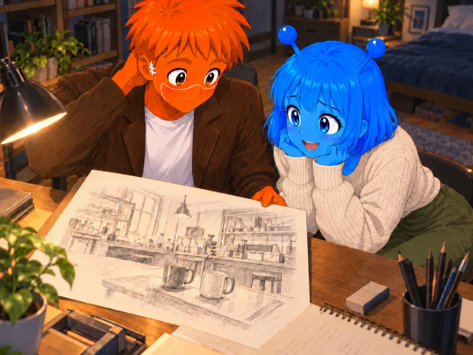 Frank and Tina looking at a sketch on a desk.