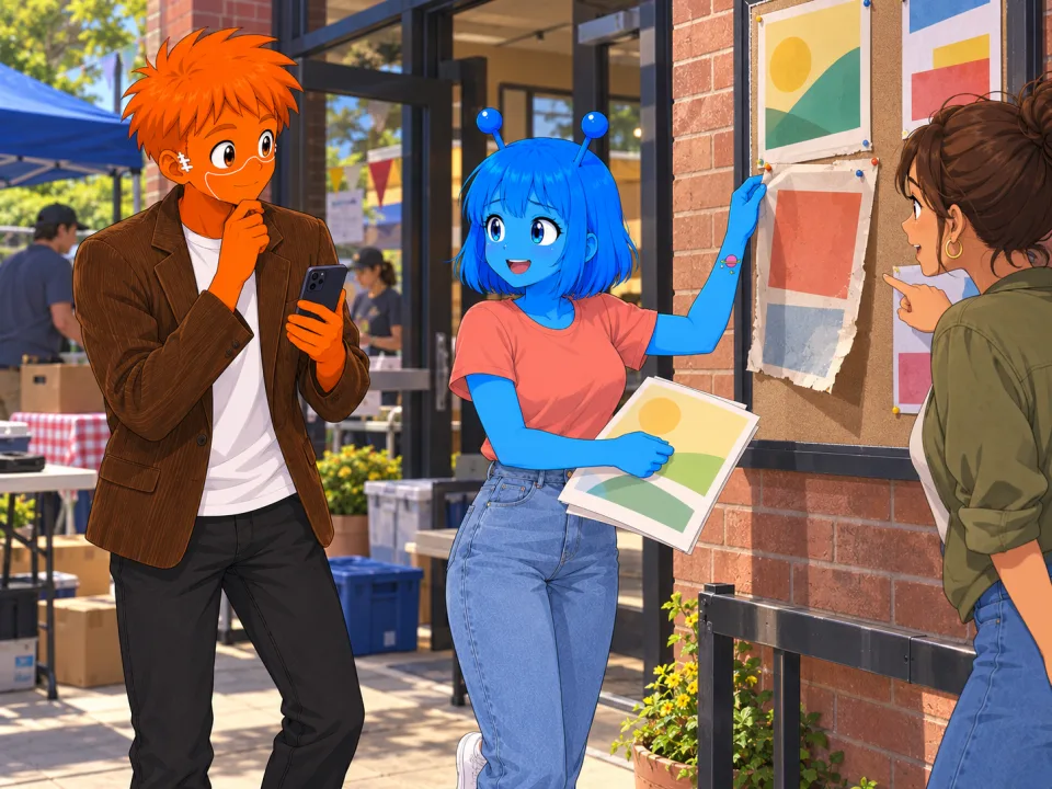 The friends preparing signs at a community event.