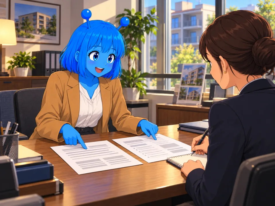 Tina reviewing a housing contract with a property manager.