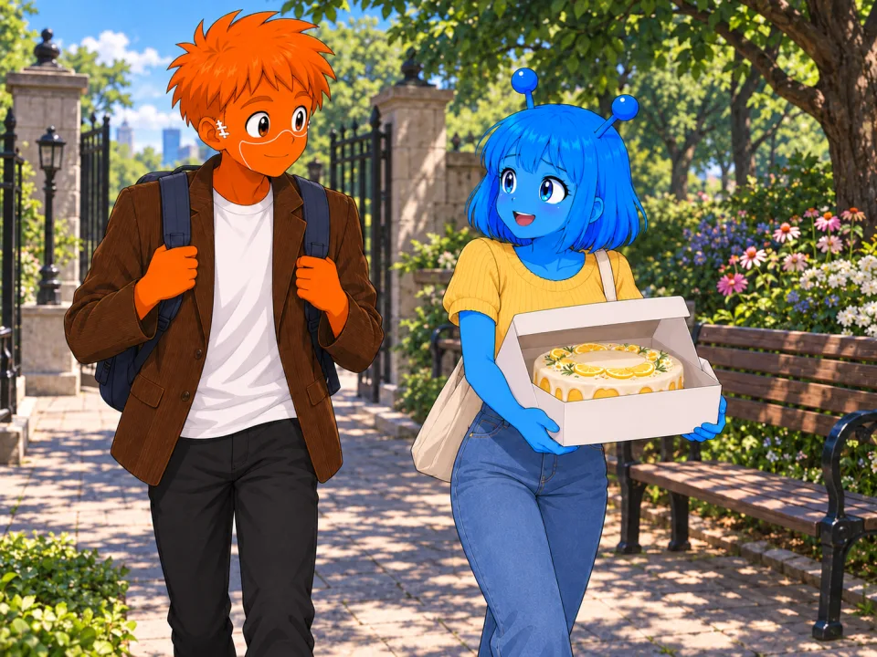 Tina holding a photo beside Frank at a park entrance.