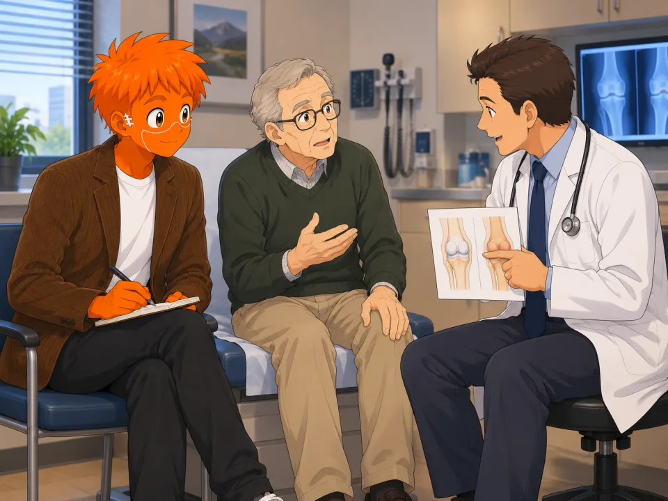 Frank accompanying an older researcher as a doctor explains a procedure.