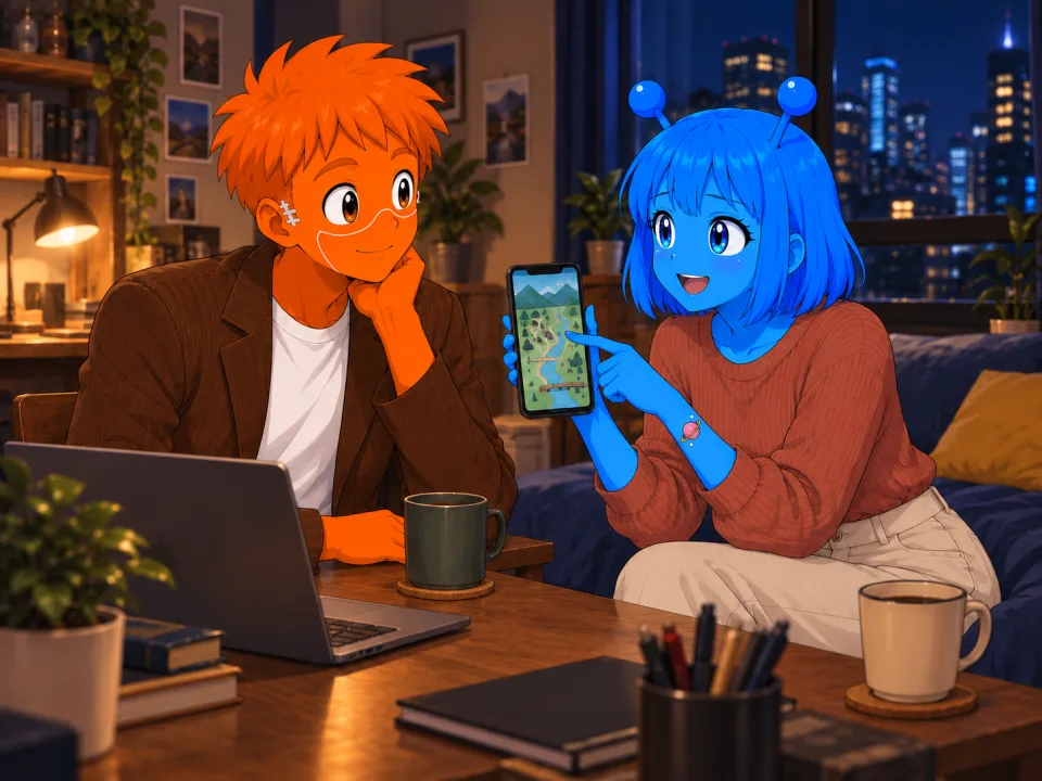 The friends discussing a map app at home.