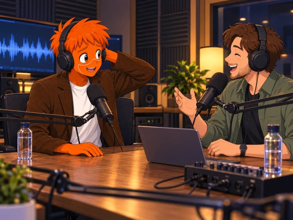 Frank and a host recording at microphones.