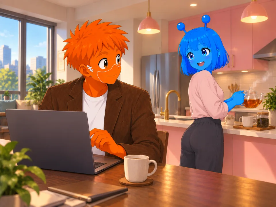Frank looking at a phone while Tina stands in the kitchen.