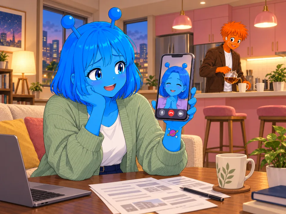 Tina video-calling her mother.